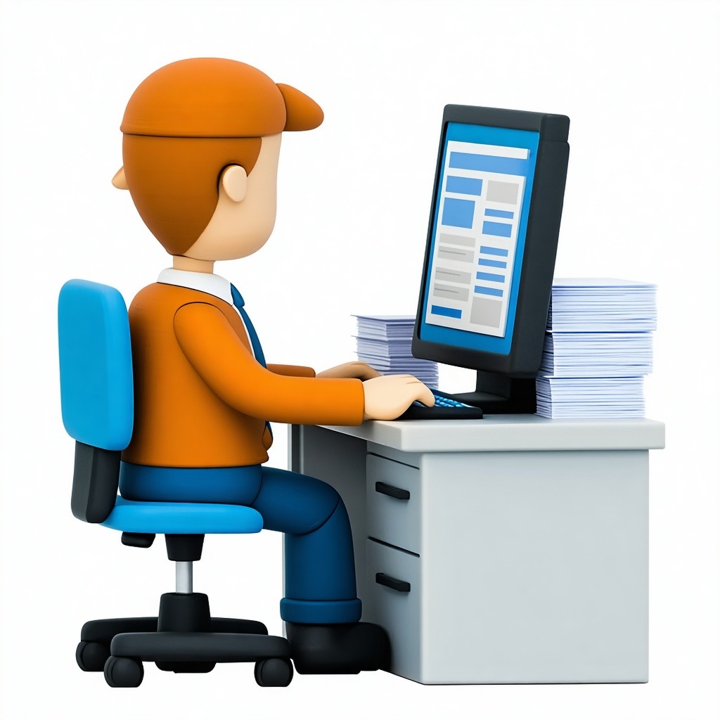 a cartoonish person working on a computer at an office desk The person is wearing orange and blue suit clothing and is working at a desk with stacks of paperwork on the desk Person looks like he is working hard for his clients The background is trans